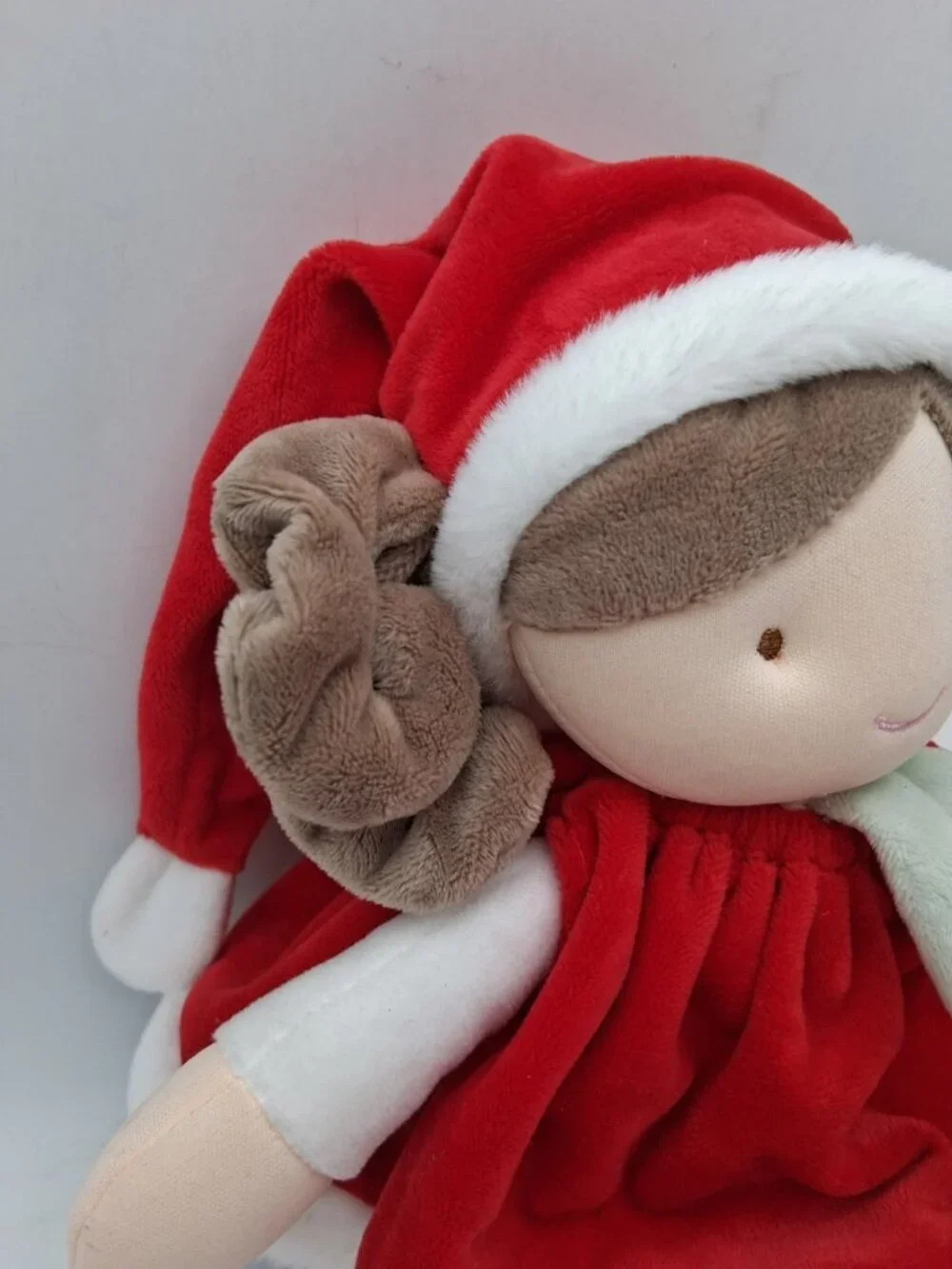 JoLiJou Paris Elf Pretty Red Doll 12” Curly Brunette Plush Red Santa Outfit